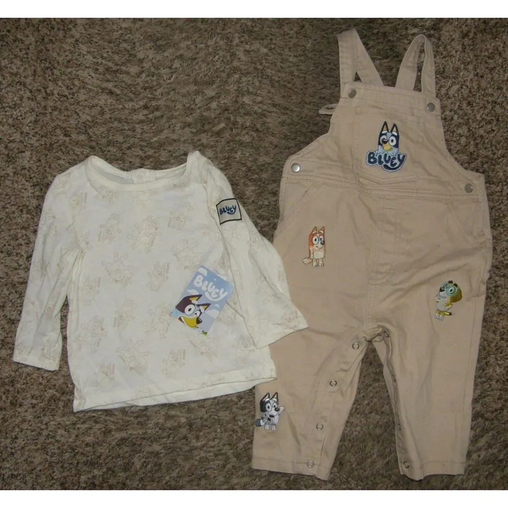 NEW Boys Sz 12 Months BLUEY Embroidered Overalls & Long Sleeve Shirt 2 Pc Outfit